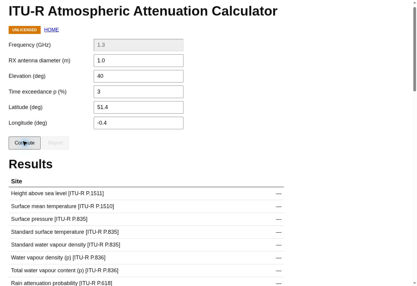 Screenshot of ITU-R Atmospheric Loss