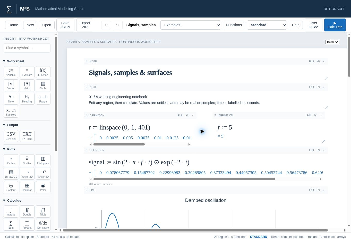 Screenshot of M²S · Mathematical Modelling Studio