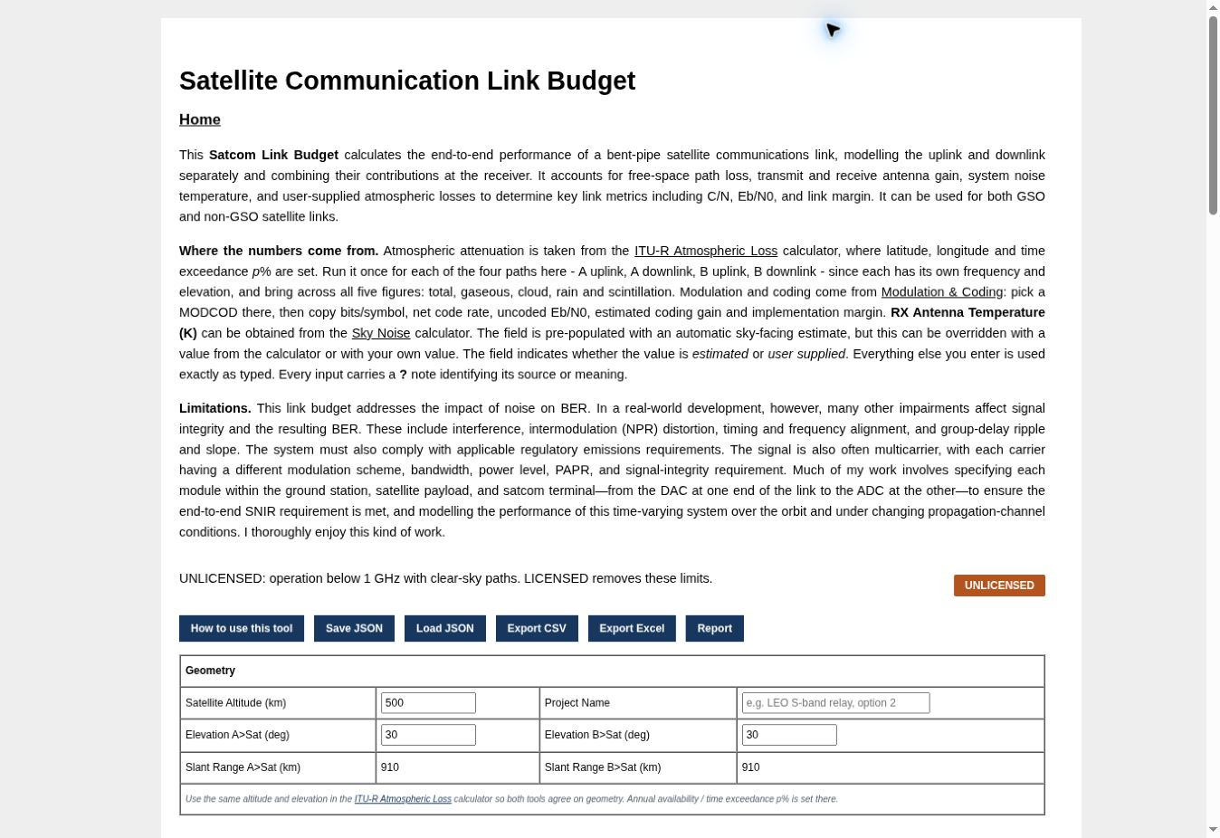 Screenshot of Satcom Link Budget